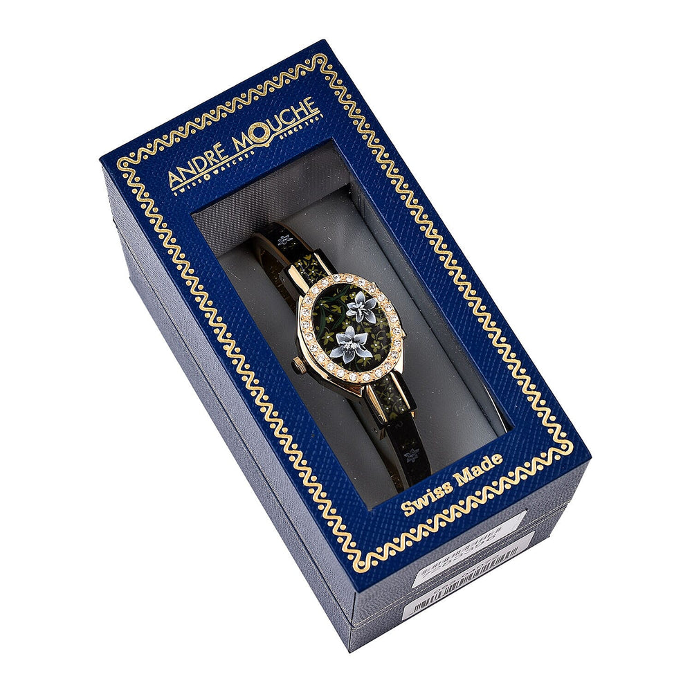 Andre Mouche Swiss Ronda Movement White Floral Pattern 18ct Gold Plated Ladies Bangle Watch (Size 6 - 6.5)
