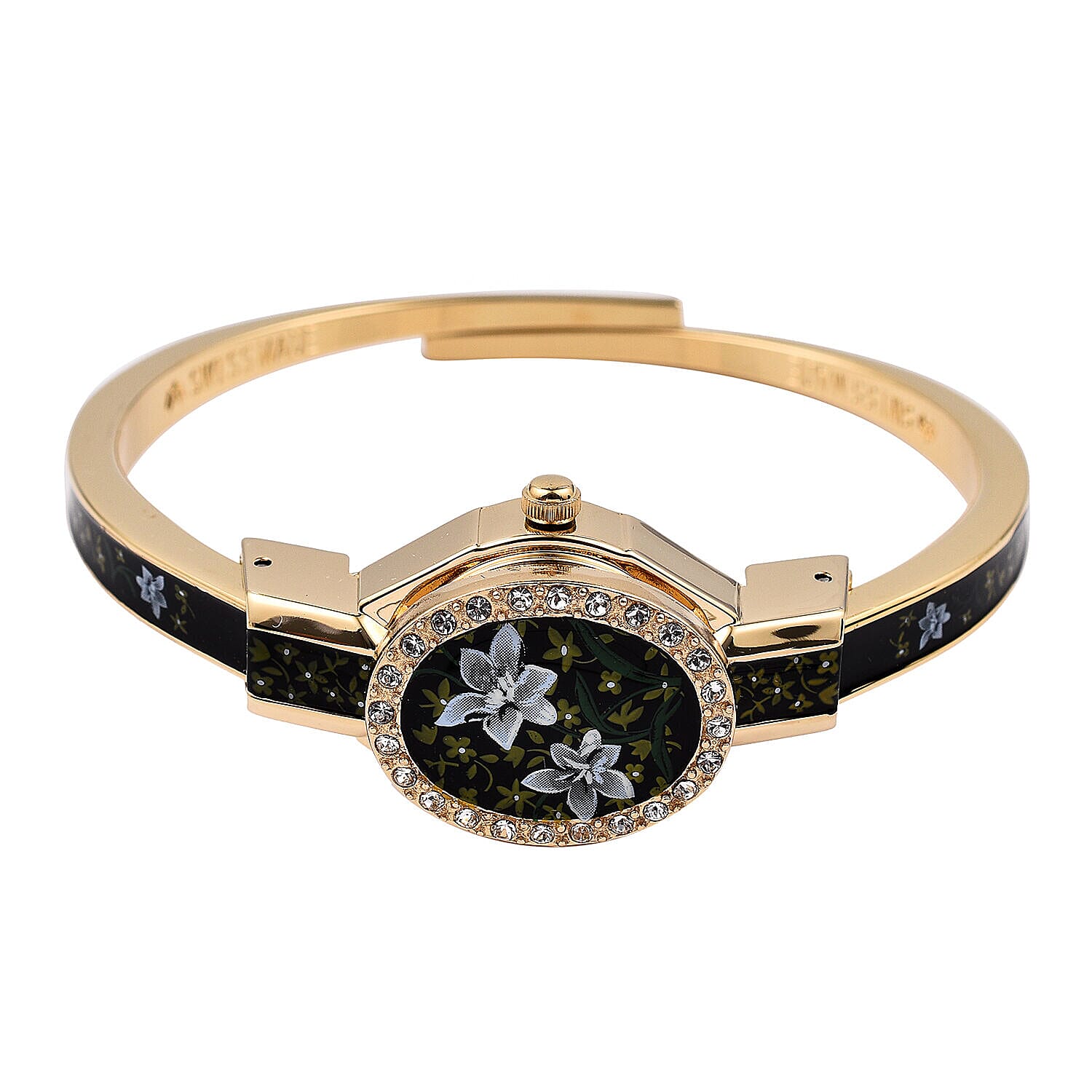 Andre Mouche Swiss Ronda Movement White Floral Pattern18ct Gold Plated Ladies Bangle Watch (Size 7 - 7.5)