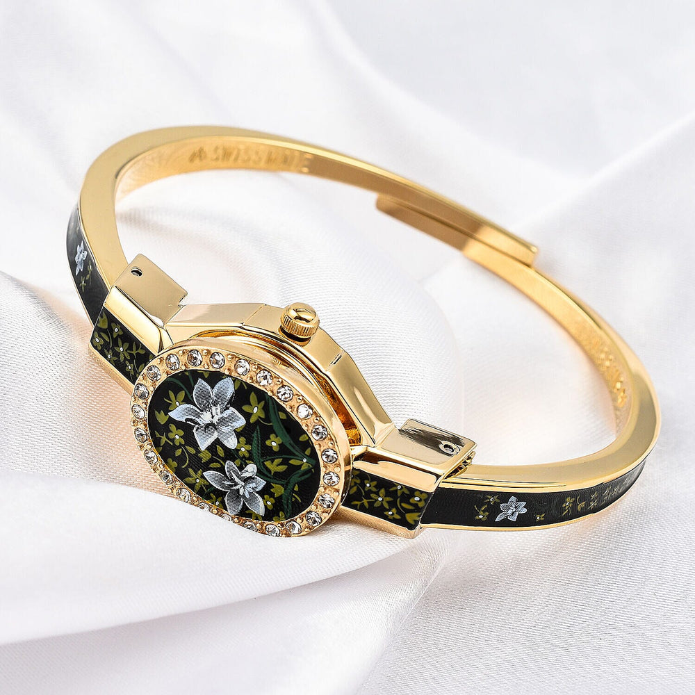 Andre Mouche Swiss Ronda Movement White Floral Pattern18ct Gold Plated Ladies Bangle Watch (Size 7 - 7.5)