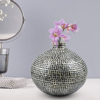 100% Handmade Capiz Circular Round Vase (Size 15x14 Cm) - Blue - White