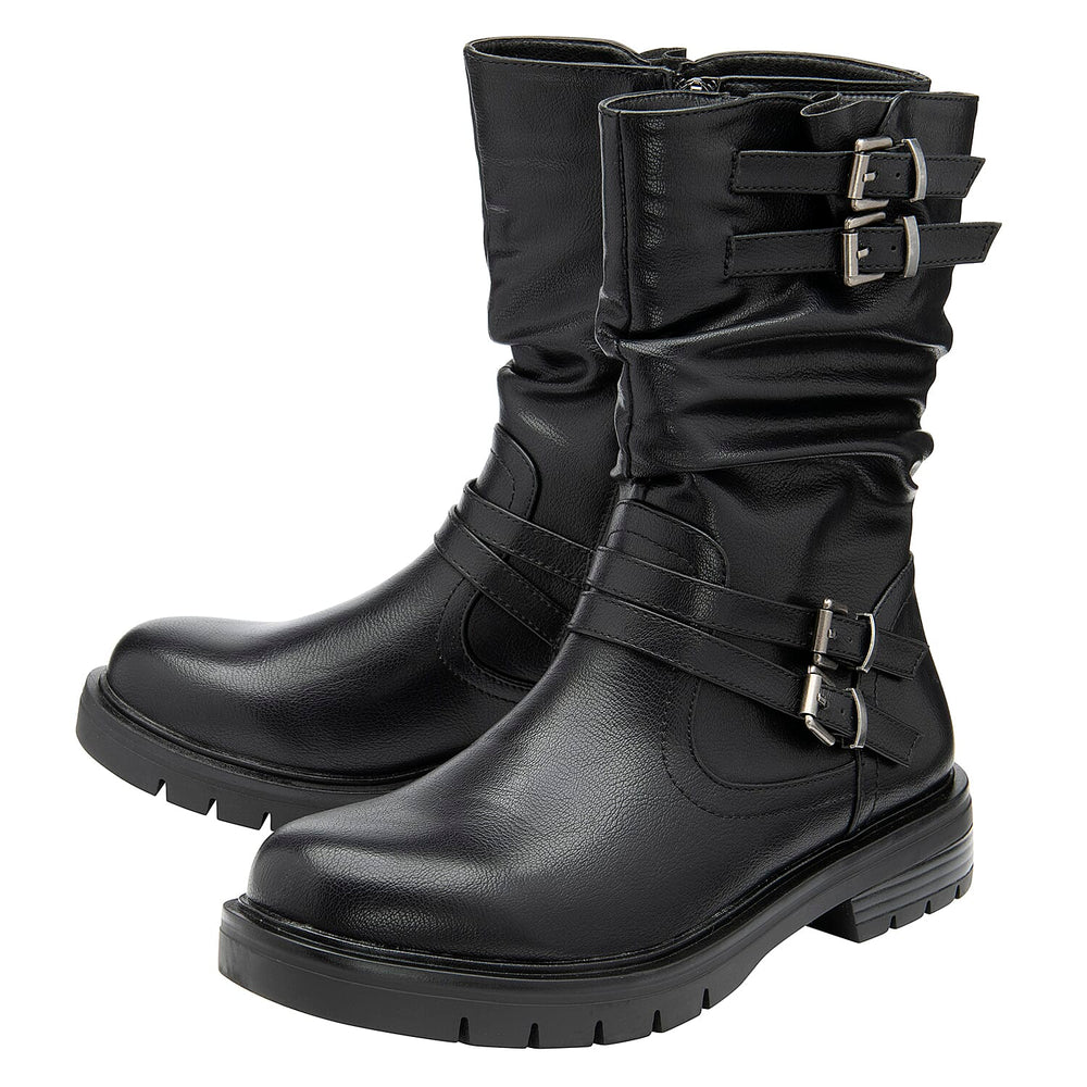 RAVEL Calf Slouch Boots with Inside Zip and Buckles (Size 4) - Black