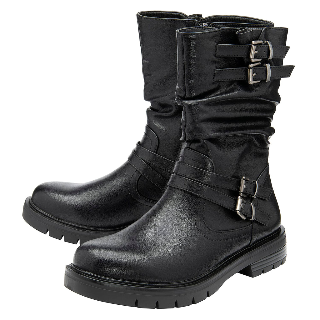 RAVEL Calf Slouch Boots with Inside Zip and Buckles (Size 6) - Black