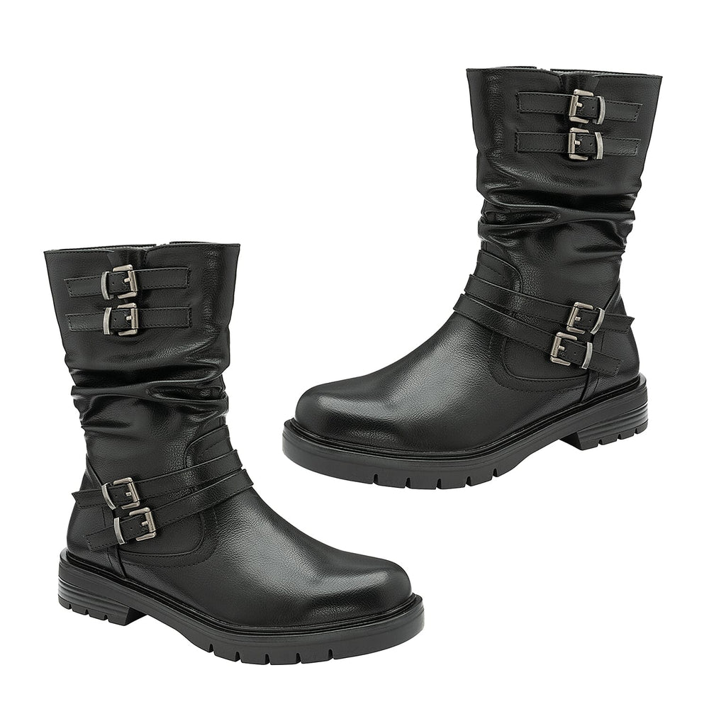 RAVEL Calf Slouch Boots with Inside Zip and Buckles (Size 6) - Black