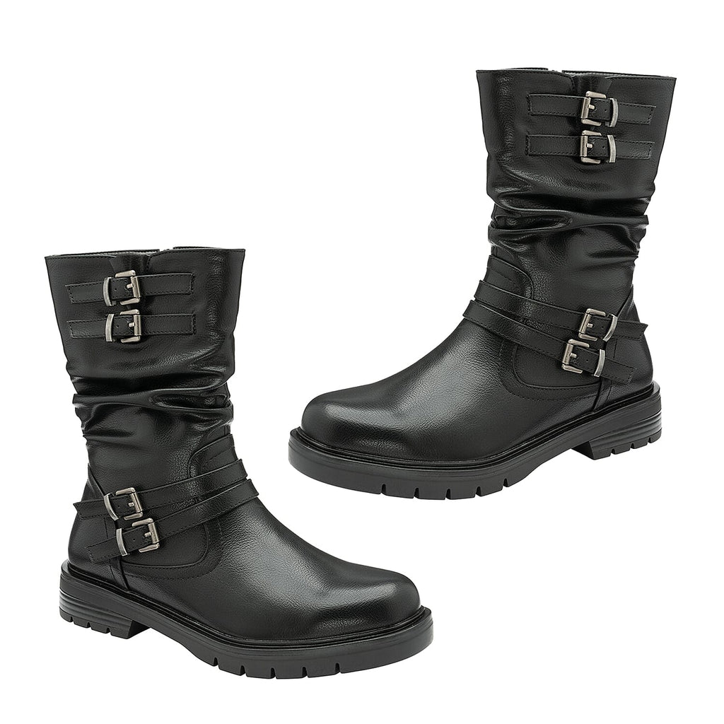 RAVEL Calf Slouch Boots with Inside Zip and Buckles (Size 7) - Black