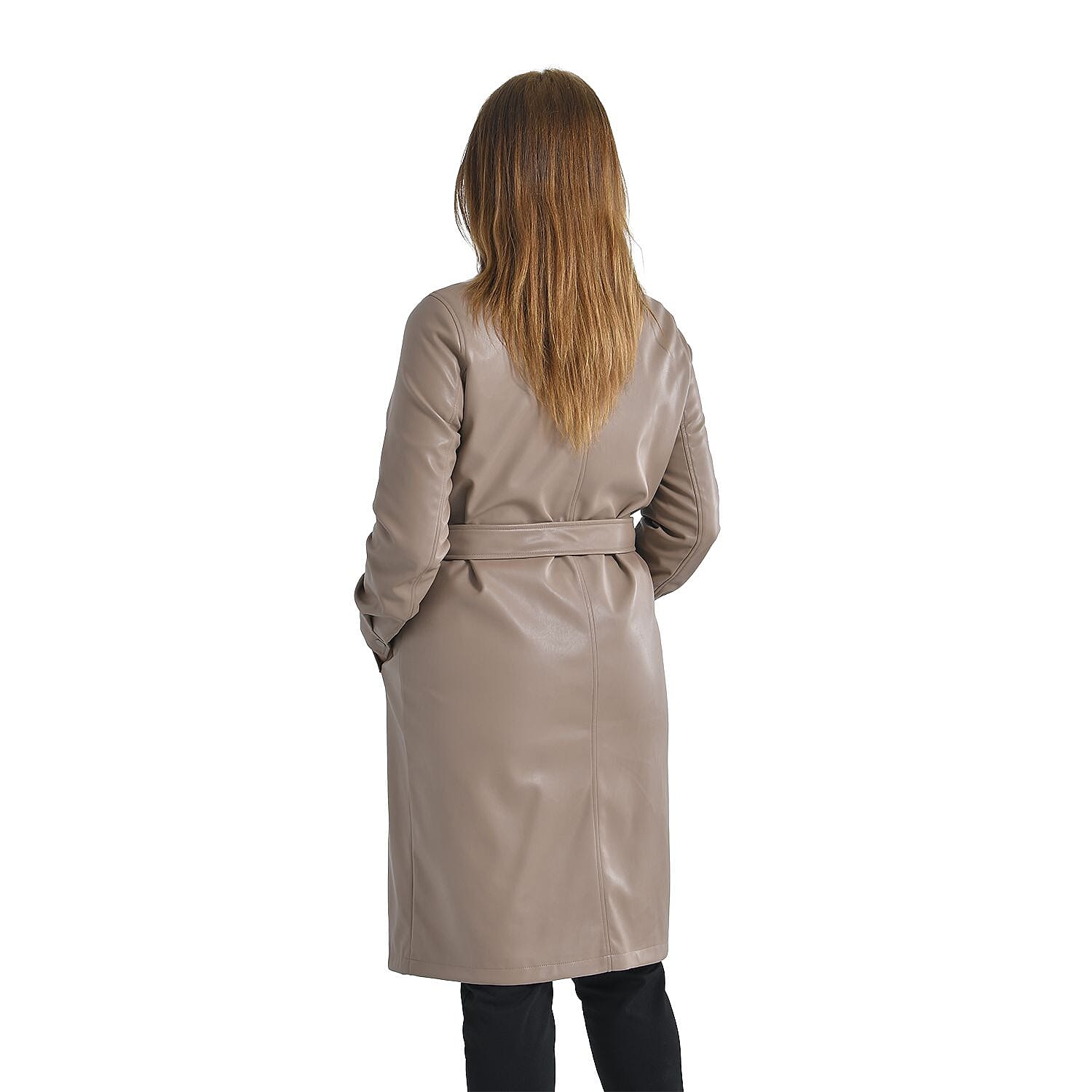 TAMSY Long Coat with Two Pockets and Adjustable Waist Belt (Size M,12-14) - Beige