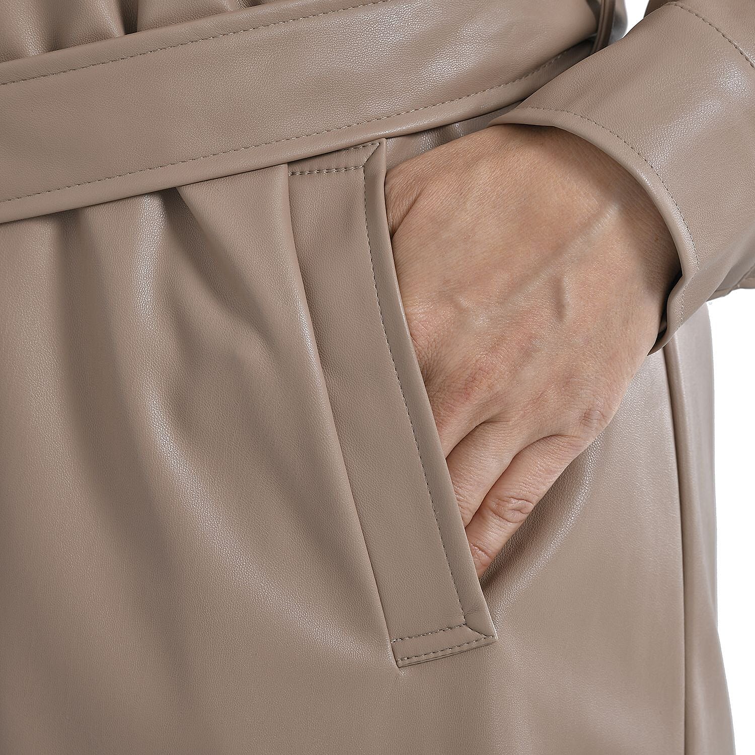 TAMSY Long Coat with Two Pockets and Adjustable Waist Belt (Size M,12-14) - Beige