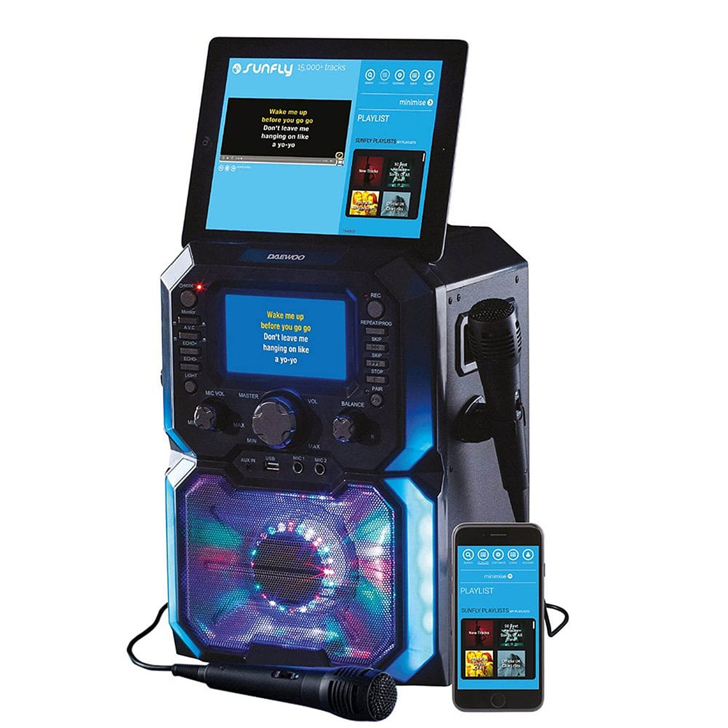 Daewoo Bluetooth Karaoke Machine with Built in 5 inch LED Light Display, 2 Mics, CD Player, 2 Karaoke CDs Included.