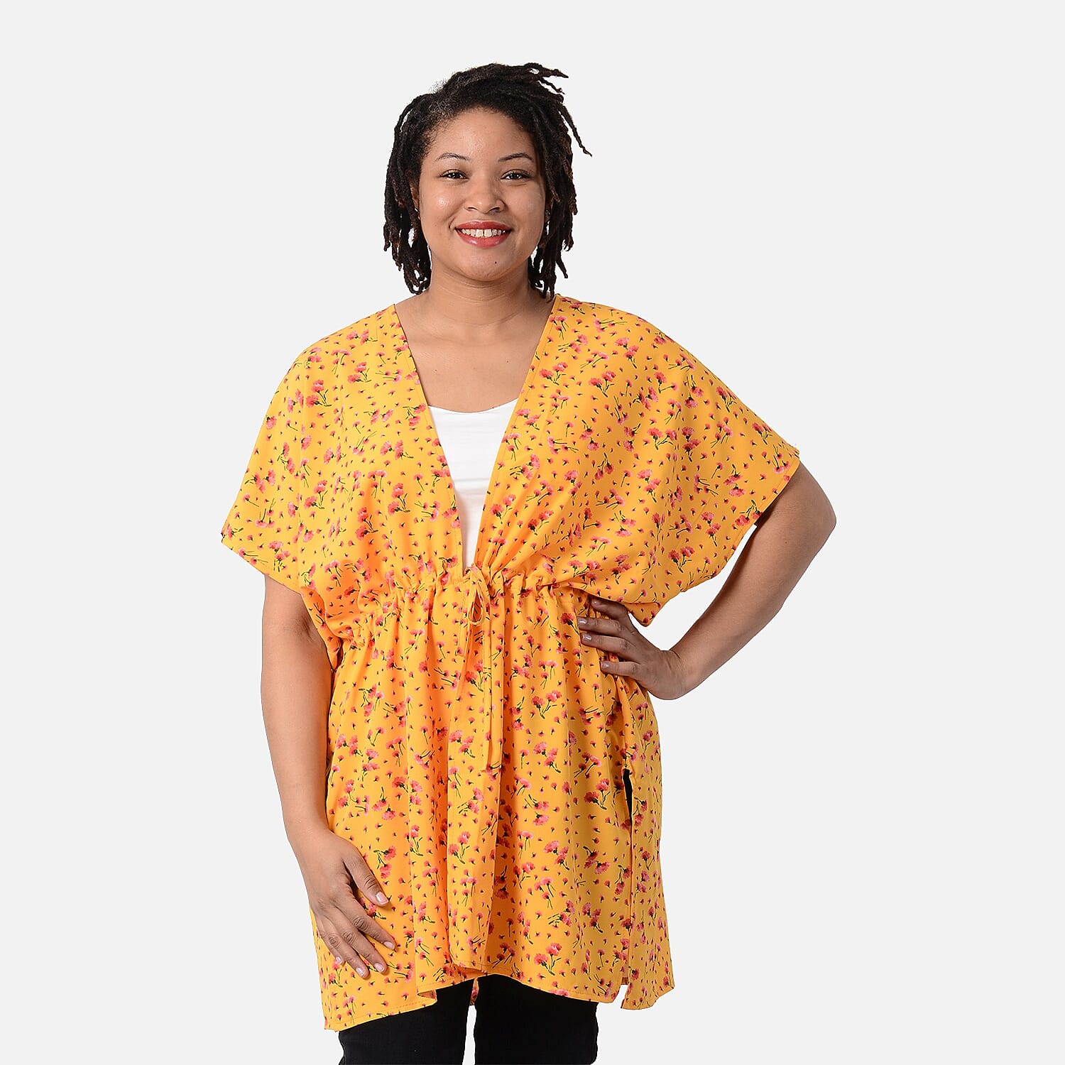 Daisy Print Spring Top with Waist Belt (One Size) - Yellow