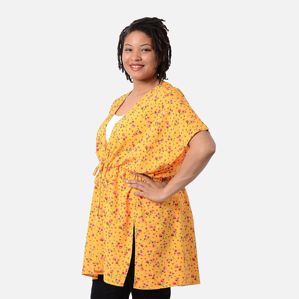 Daisy Print Spring Top with Waist Belt (One Size) - Yellow