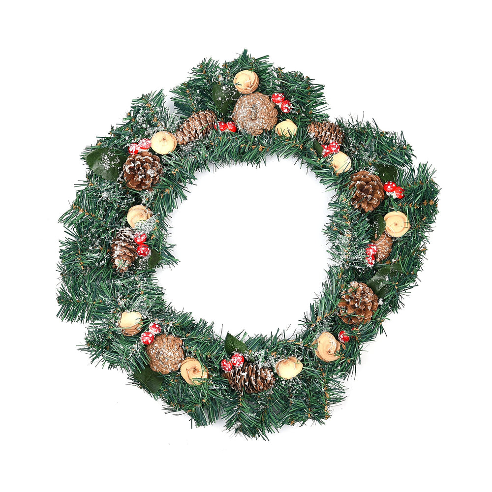 Decorative Christmas Wreath (45 Cm) Embellished with Mushroom, Flowers and LED String Light Powered by 2xAA Battery (not included)