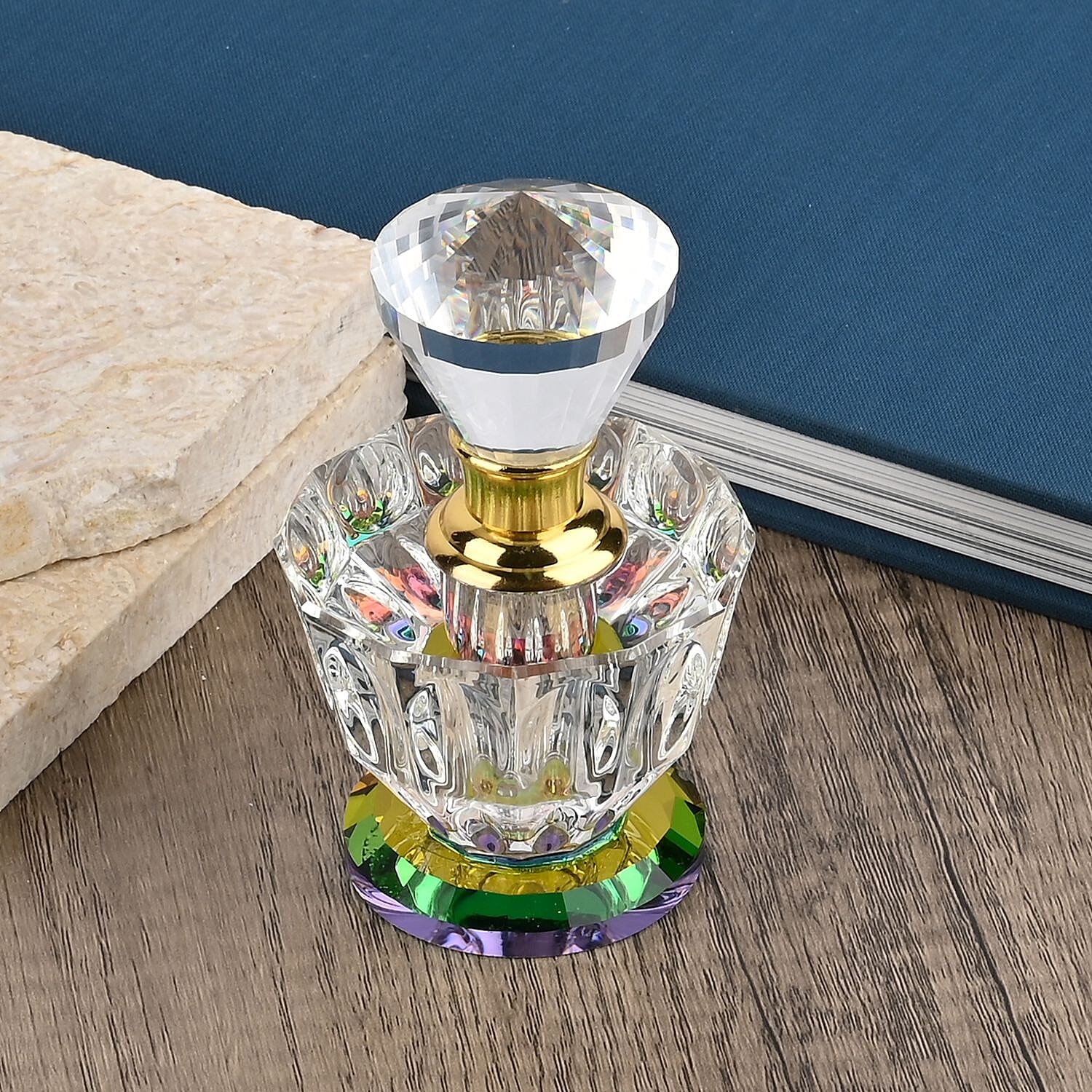 Vintage Carved Crystal Refillable Bottle with Colourful Base (Size 10.50 cm)