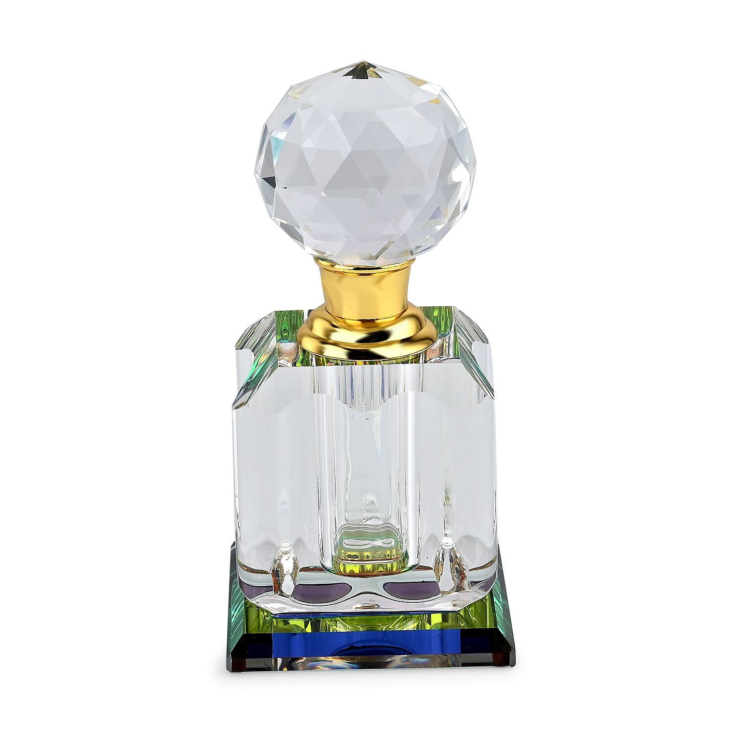 Octagon Shape Carved Crystal Refillable Bottle with Colourful Base (Size 10.50 cm)