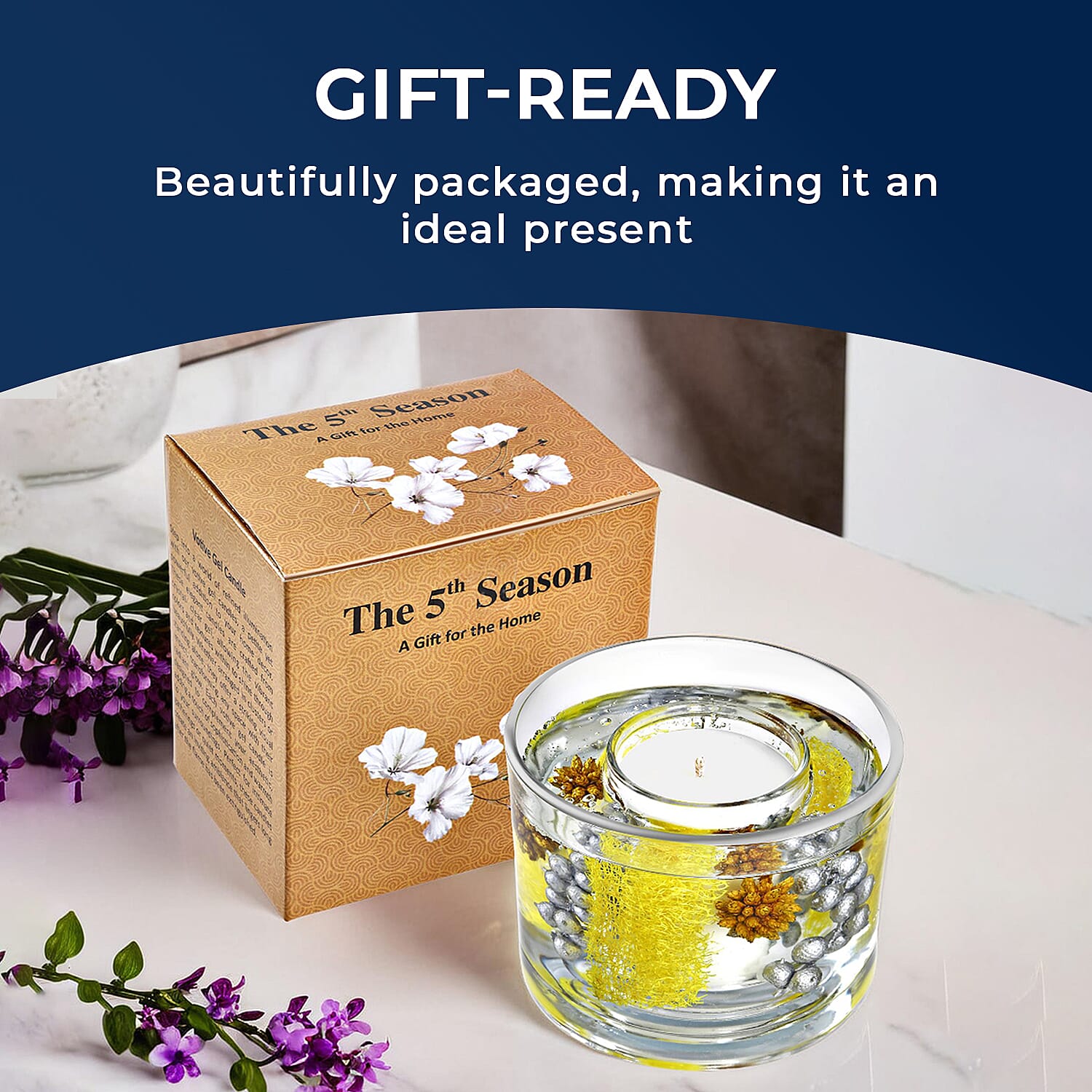 Decorative Gel Candle with Glowing Effect and Embedded Flowers (200g) - Citronella