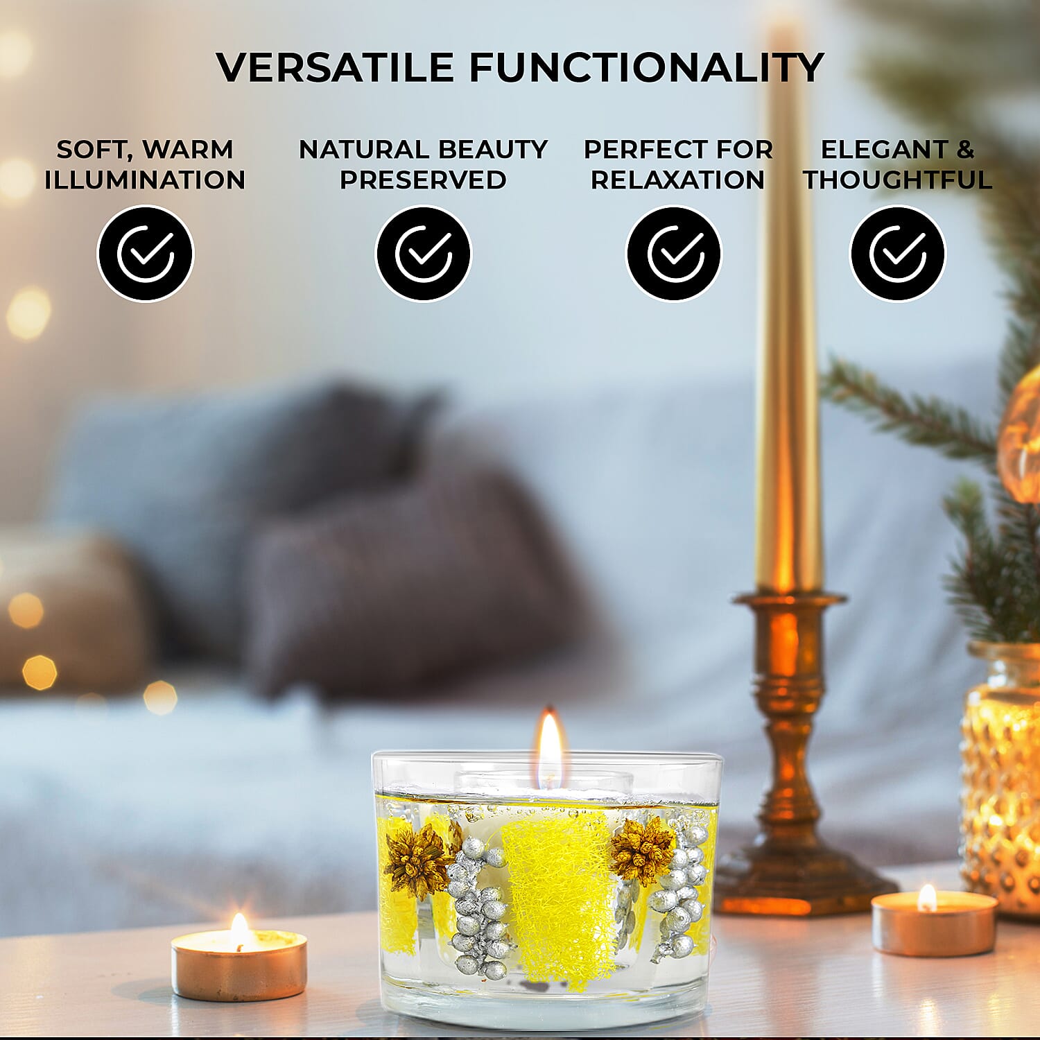 Decorative Gel Candle with Glowing Effect and Embedded Flowers (200g) - Citronella
