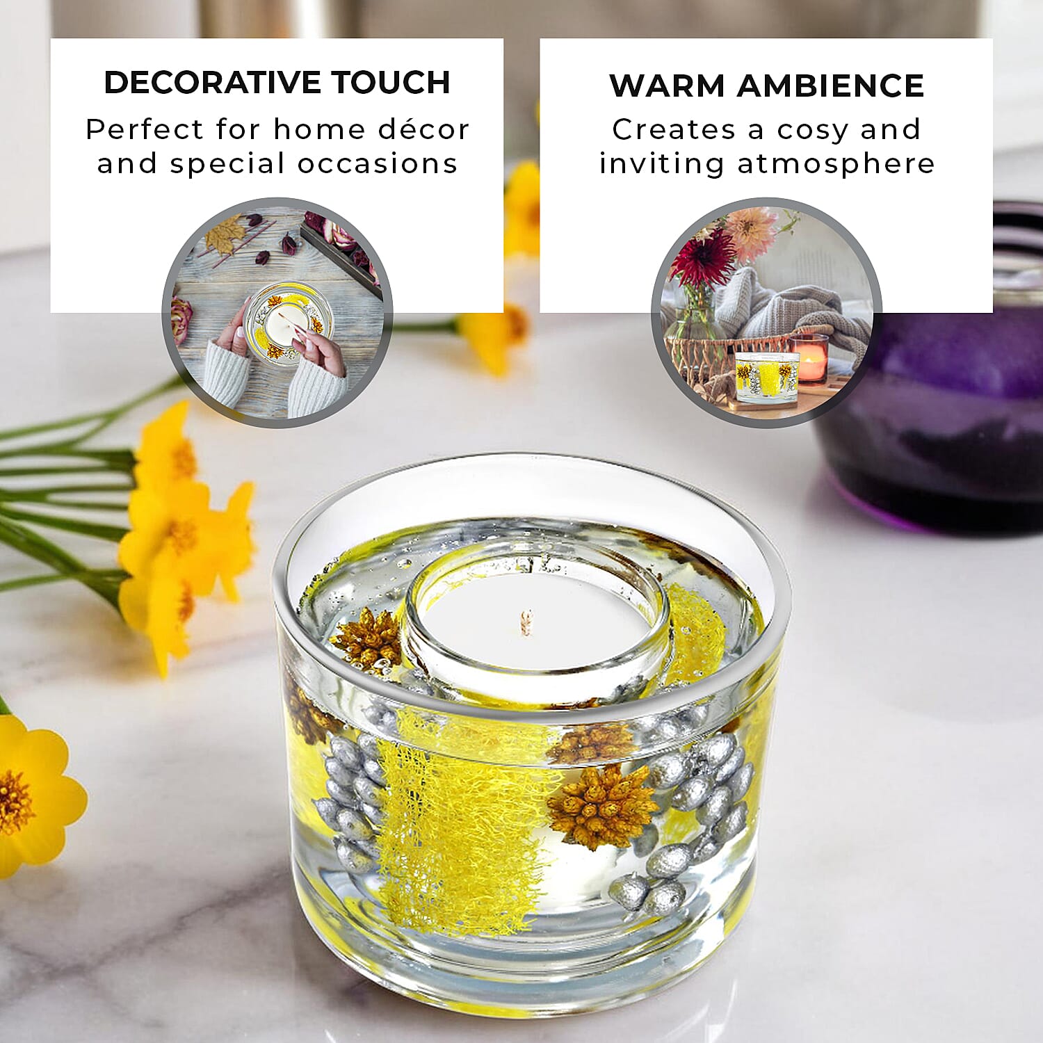 Decorative Gel Candle with Glowing Effect and Embedded Flowers (200g) - Citronella