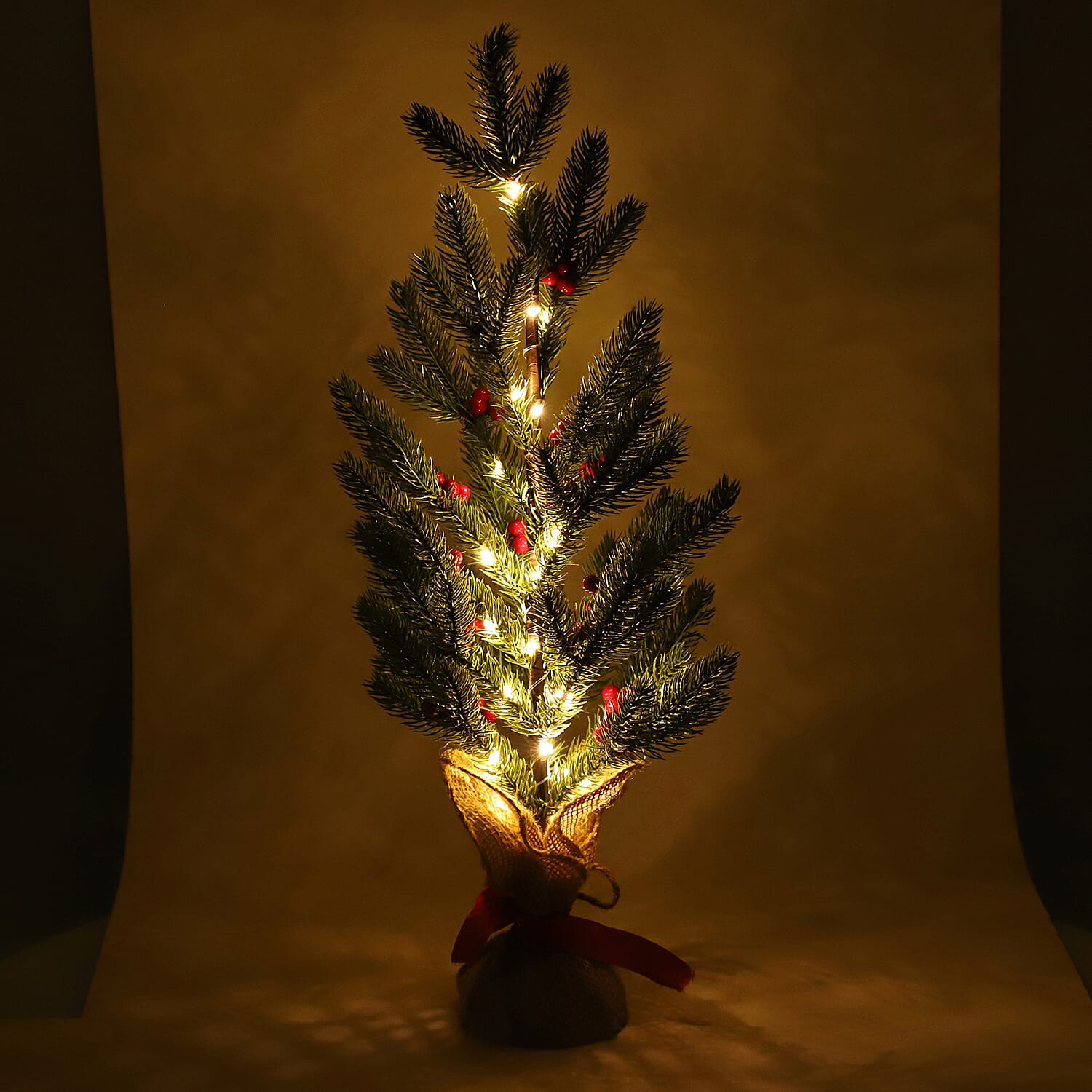 Christmas Decorative - Snowy Pine Tree LED Light  Linen Flowerpot (Size 55x11 Cm) - Green