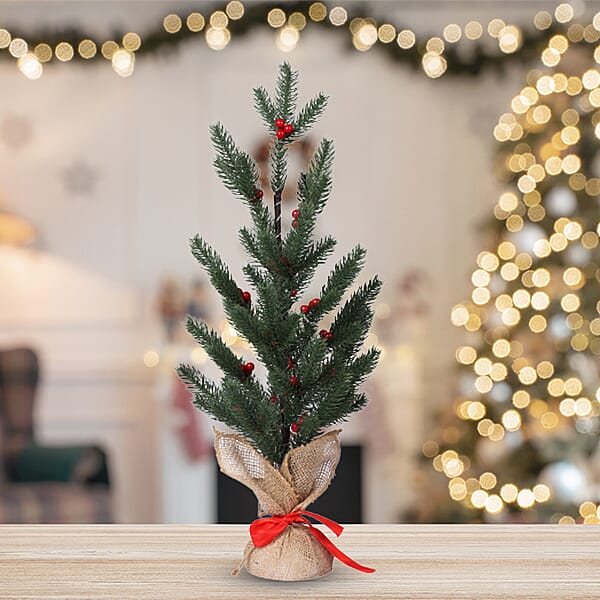 Christmas Decorative - Snowy Pine Tree LED Light  Linen Flowerpot (Size 55x11 Cm) - Green
