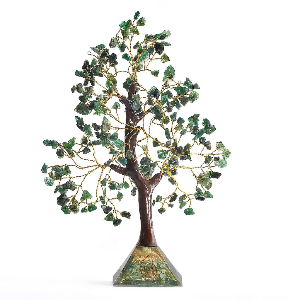 Decorative Handmade Green Jade Gemstone Tree with Wooden Base (Size 23x5.5cm) - Green
