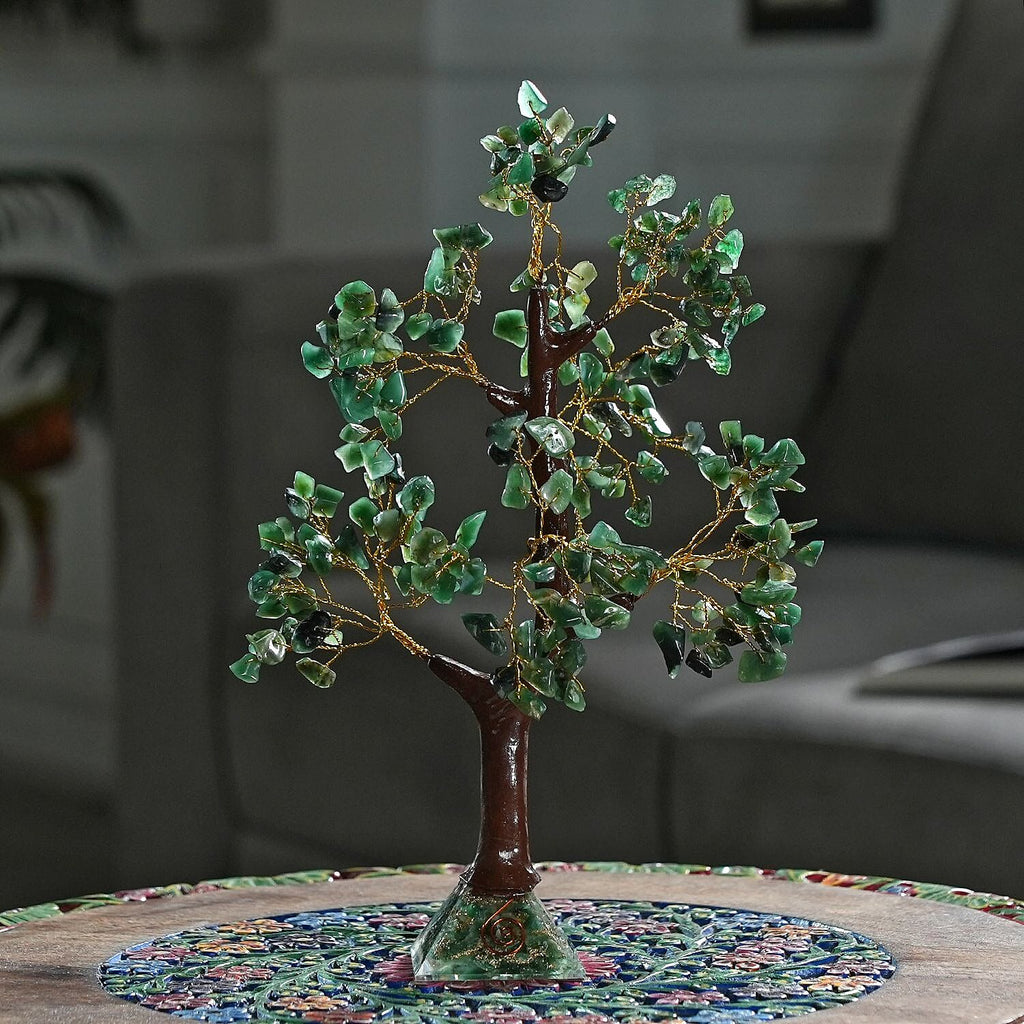 Decorative Handmade Green Jade Gemstone Tree with Wooden Base (Size 23x5.5cm) - Green