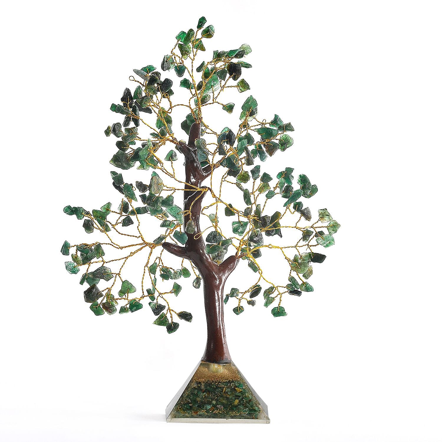 Decorative Handmade Green Jade Gemstone Tree with Wooden Base (Size 23x5.5cm) - Green