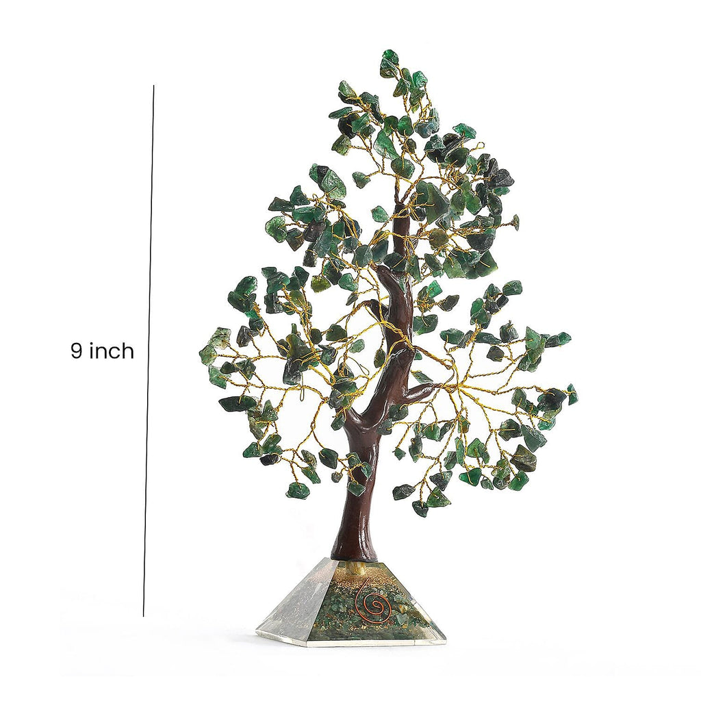 Decorative Handmade Green Jade Gemstone Tree with Wooden Base (Size 23x5.5cm) - Green