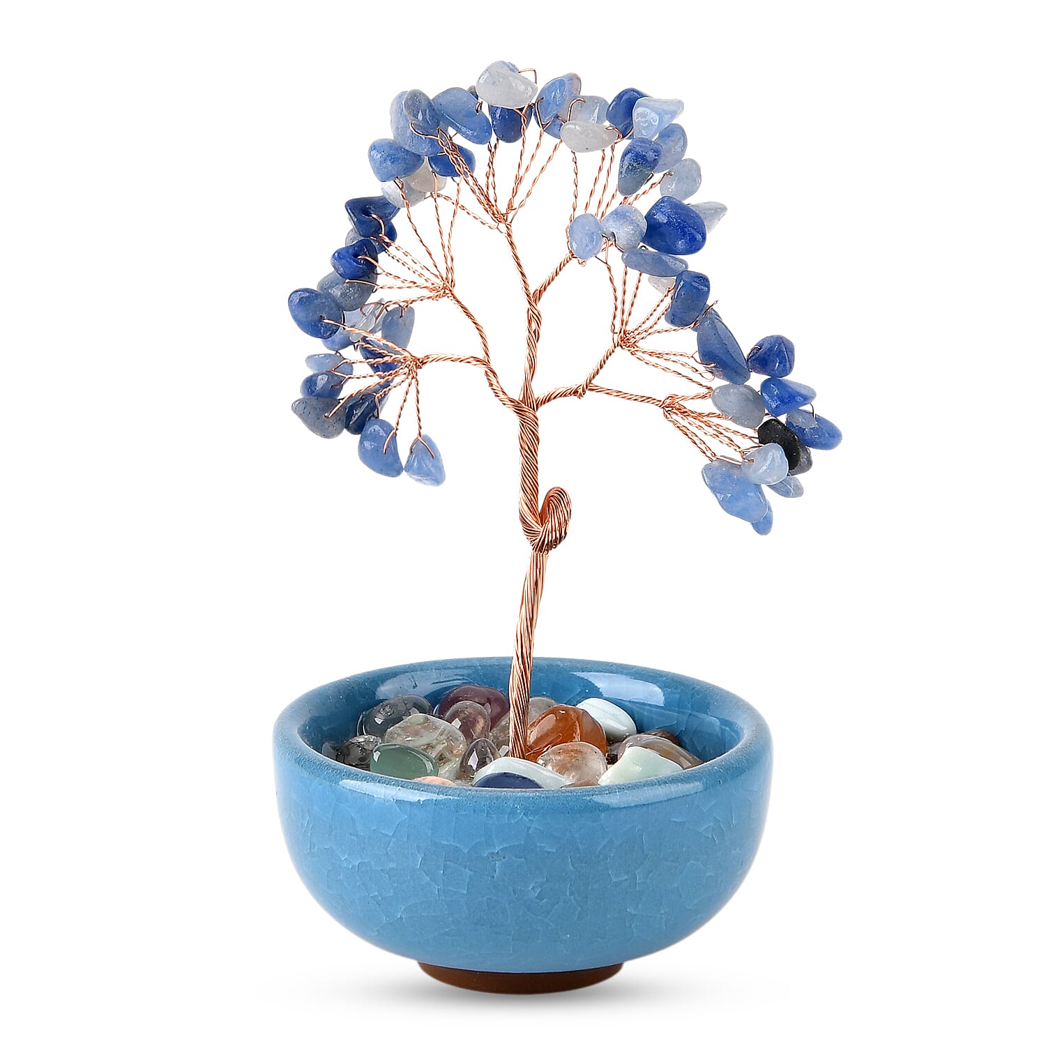Feng Shui Blue Aveturine Crystal Money Tree Ornament with Ceramic Pot(11cm) - Light Blue