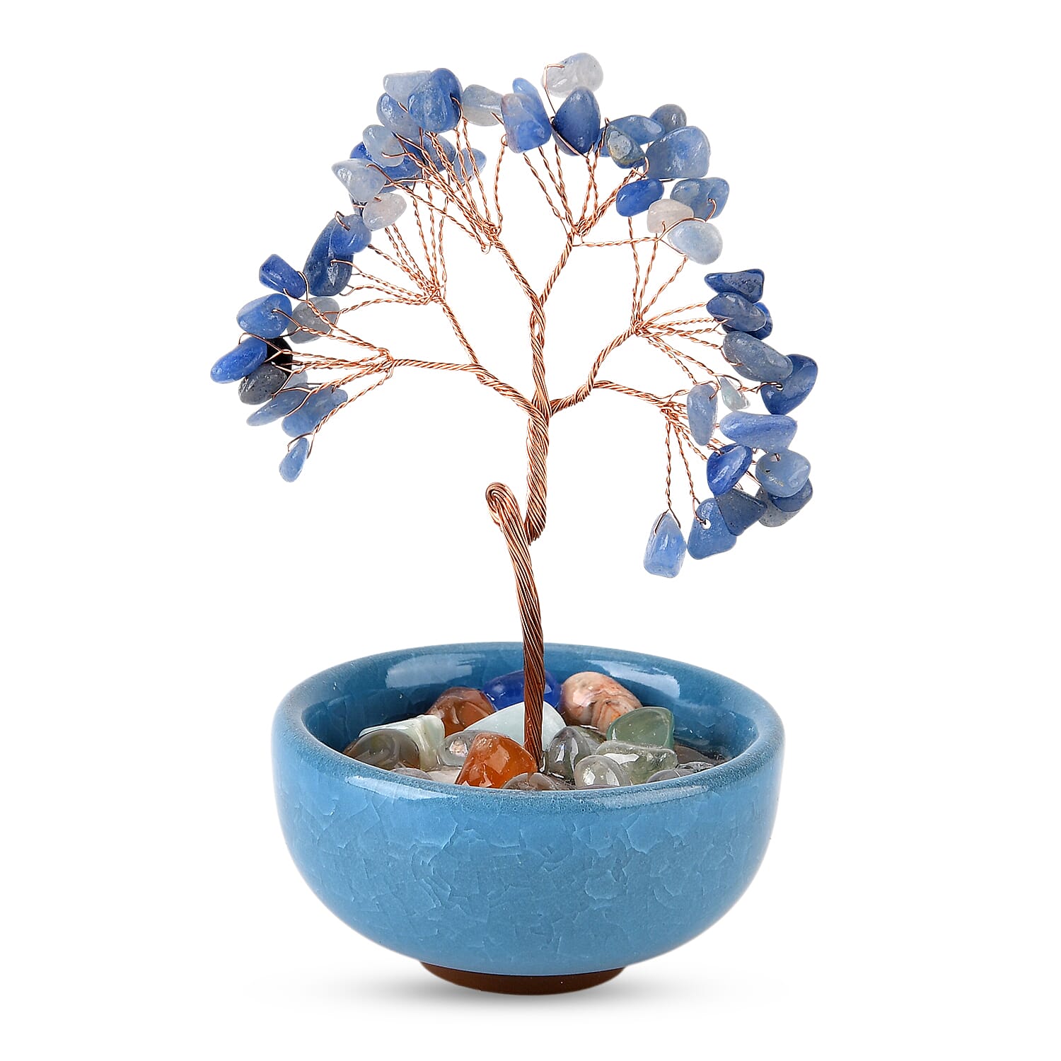 Feng Shui Blue Aveturine Crystal Money Tree Ornament with Ceramic Pot(11cm) - Light Blue