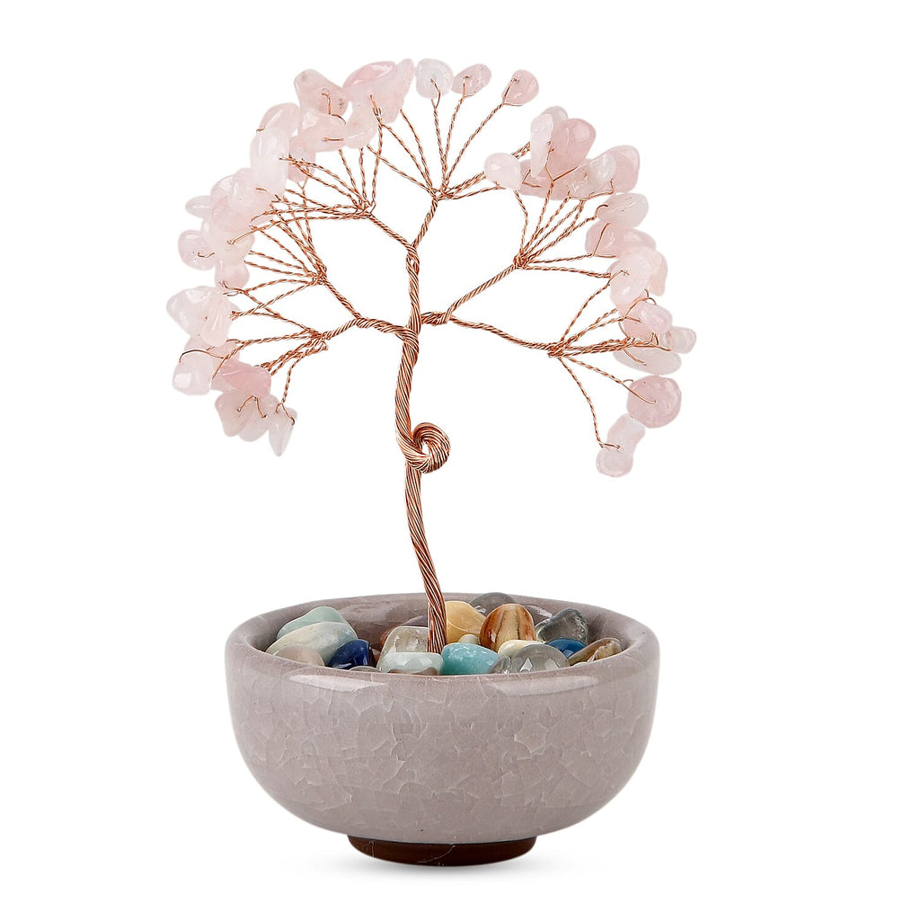 Feng Shui Rose Quartz Crystal Money Tree Ornament with Ceramic Pot (11cm) - Pink