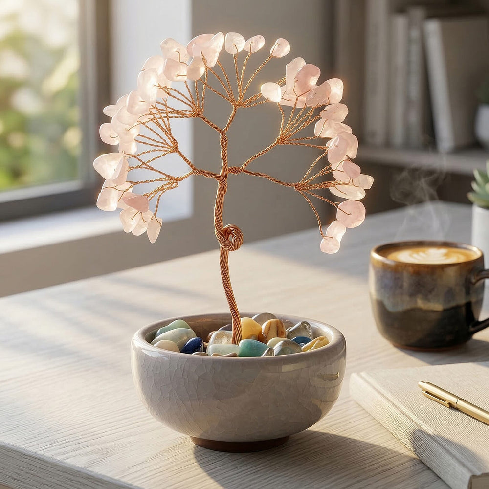 Feng Shui Rose Quartz Crystal Money Tree Ornament with Ceramic Pot (11cm) - Pink