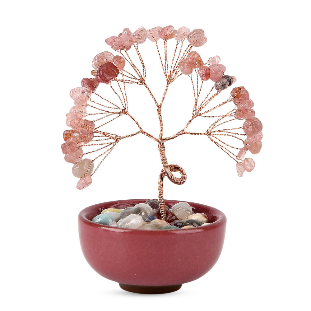 Feng Shui Strawberry Quartz Crystal Money Tree Ornament with Ceramic Pot (11cm) - Rose Red