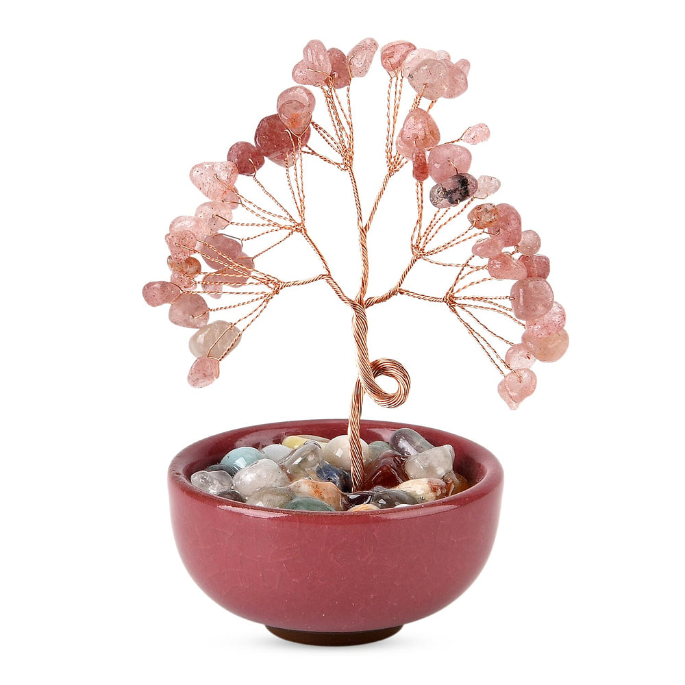 Feng Shui Strawberry Quartz Crystal Money Tree Ornament with Ceramic Pot (11cm) - Rose Red