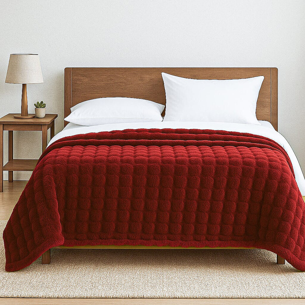 Faux Rabbit fur double layer blanket (Size 150 x 200 cm) - Burgundy & Cream