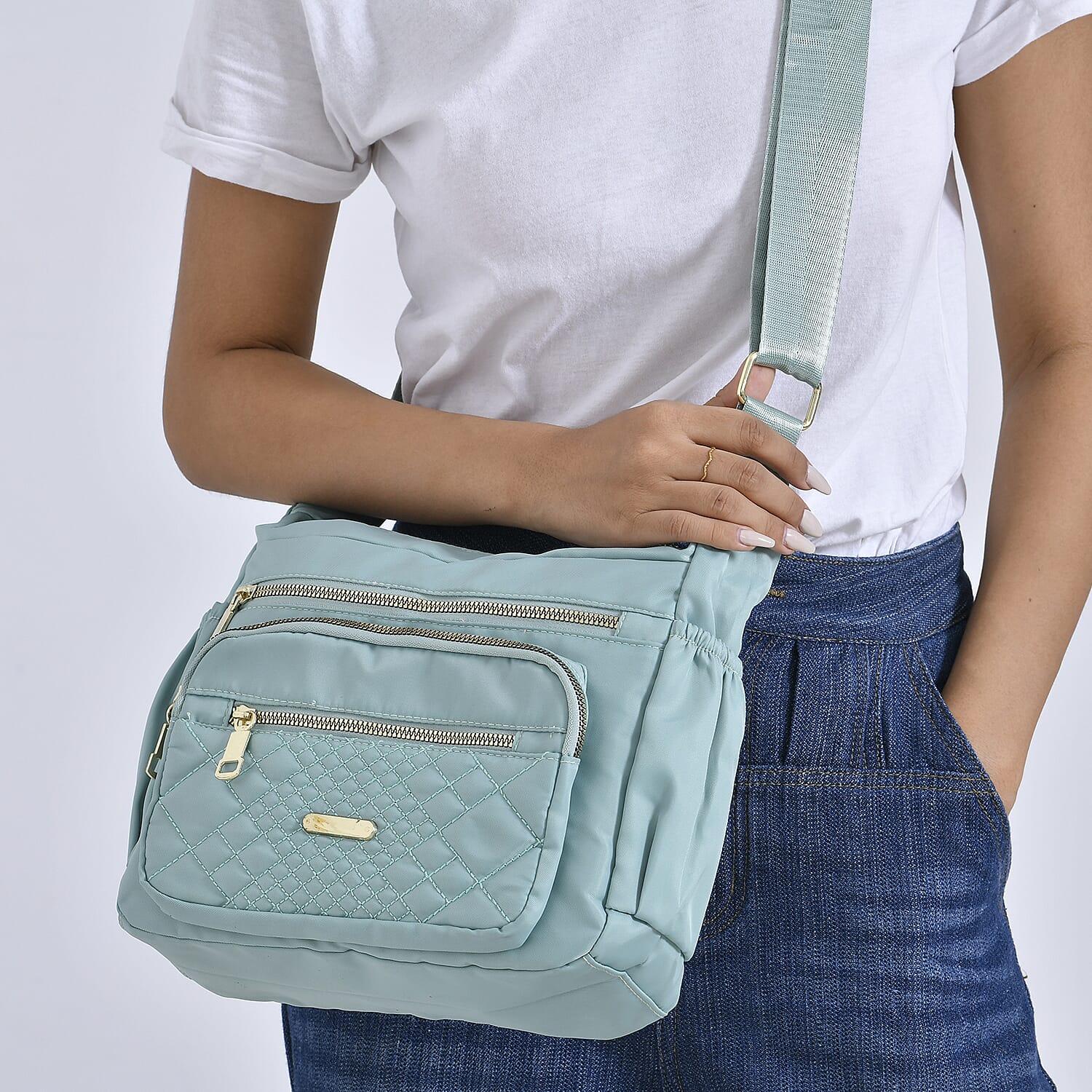 Designer Closeout -Quilted Crossbody Bag with Adjustable Strap- Green