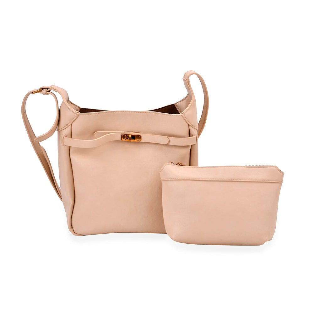 Leatherette Crossbody Bag with Detachable Small Zipper Bag - Beige