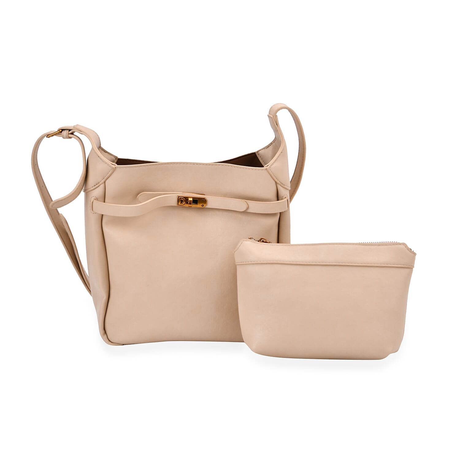 Leatherette Crossbody Bag with Detachable Small Zipper Bag - Beige
