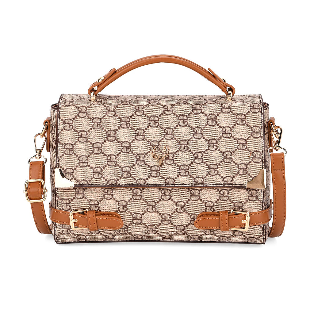 Designer-Inspired Geometric Pattern Sling Handbag - Light Khaki