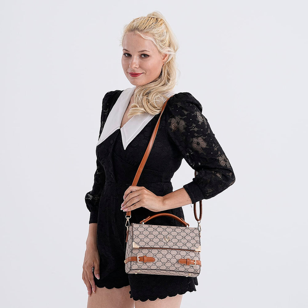 Designer-Inspired Geometric Pattern Sling Handbag - Light Khaki