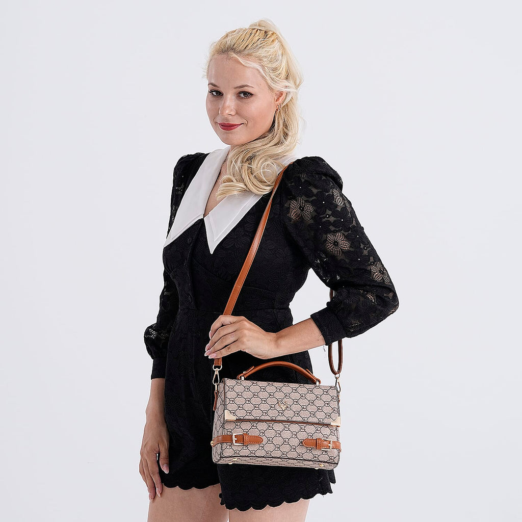 Designer-Inspired Geometric Pattern Sling Handbag - Light Khaki