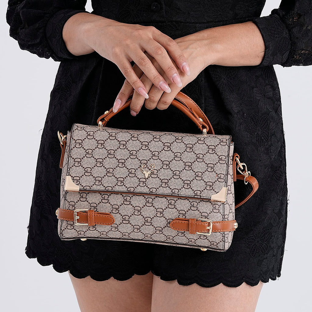 Designer-Inspired Geometric Pattern Sling Handbag - Light Khaki