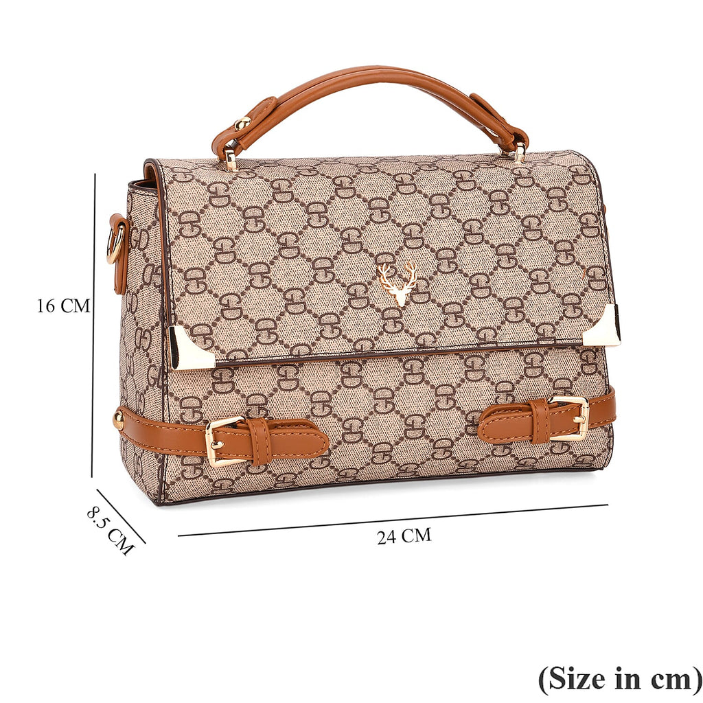 Designer-Inspired Geometric Pattern Sling Handbag - Light Khaki