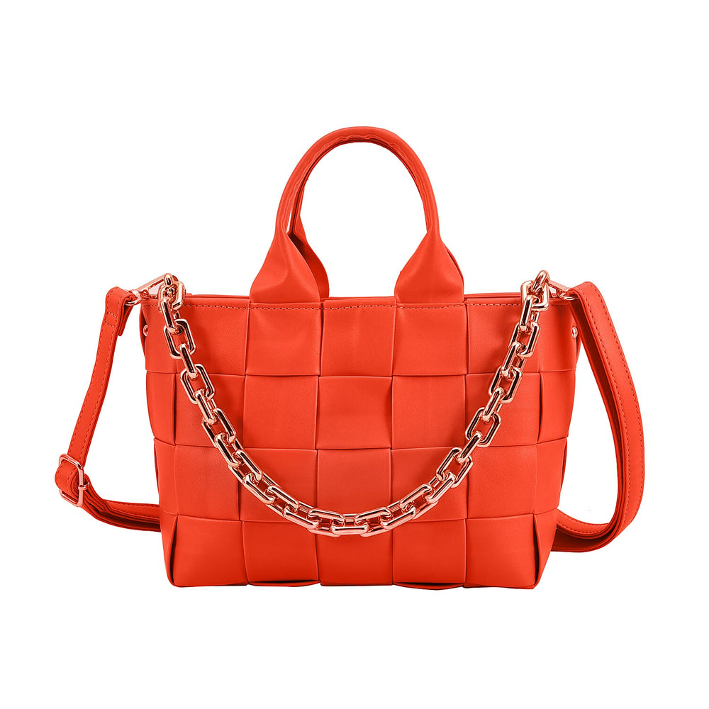 Designer Inspired - Intreccio Crossbody Handbag with Metallic Chain Handle Drop - Orange