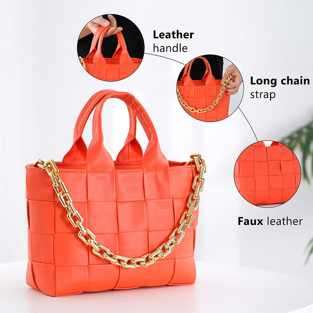 Designer Inspired - Intreccio Crossbody Handbag with Metallic Chain Handle Drop - Orange