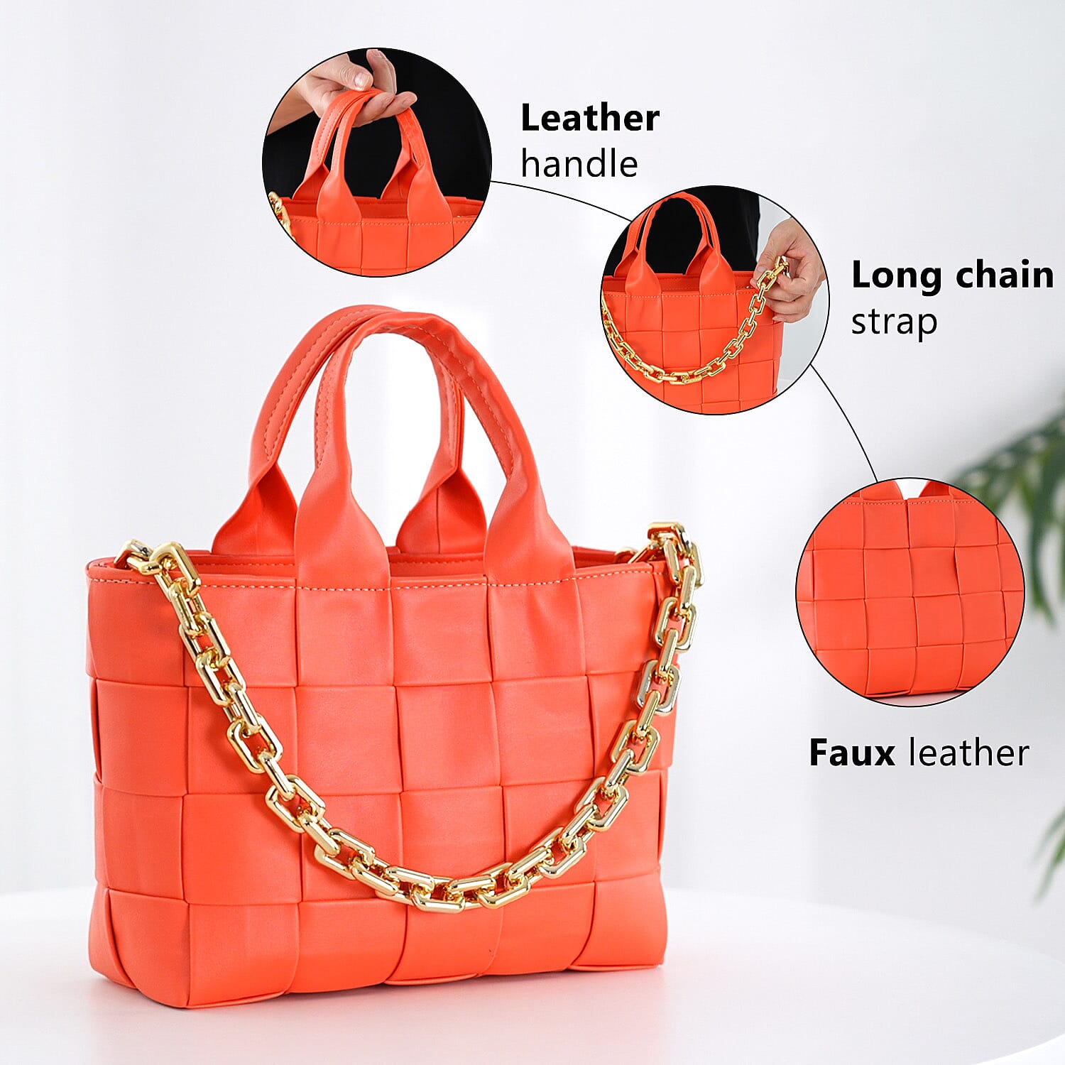 Designer Inspired - Intreccio Crossbody Handbag with Metallic Chain Handle Drop - Orange