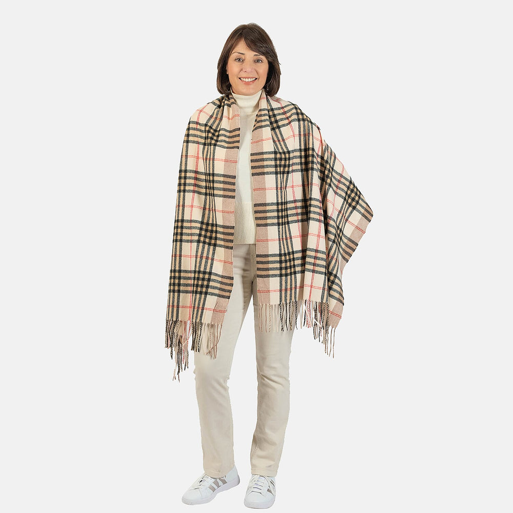 Designer Inspired - Large Check Soft Tassel Scarf - Beige