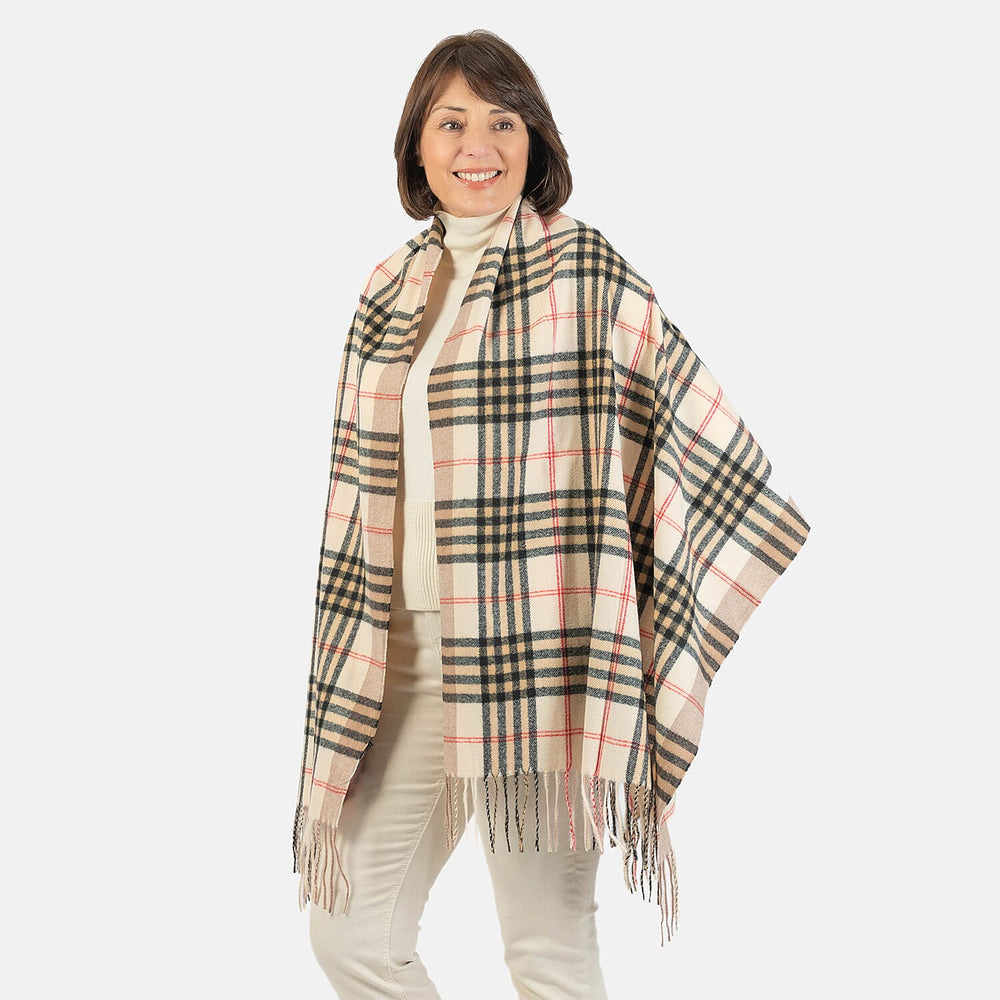 Designer Inspired - Large Check Soft Tassel Scarf - Beige