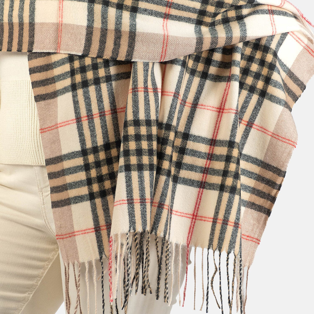Designer Inspired - Large Check Soft Tassel Scarf - Beige
