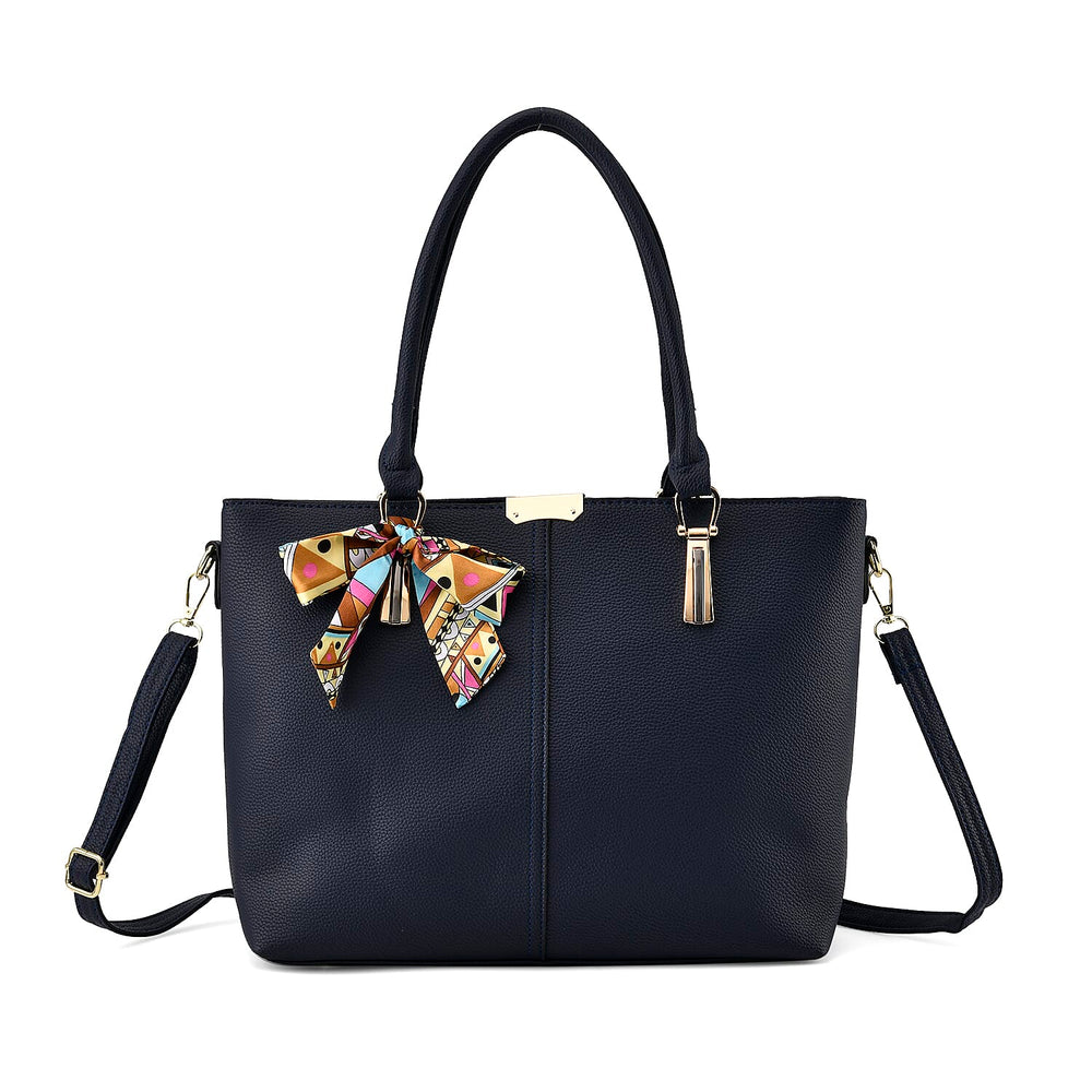 Leatherette Tote Bag with Scarf - Navy