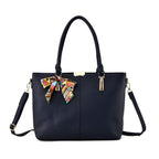 Leatherette Tote Bag with Scarf - Navy