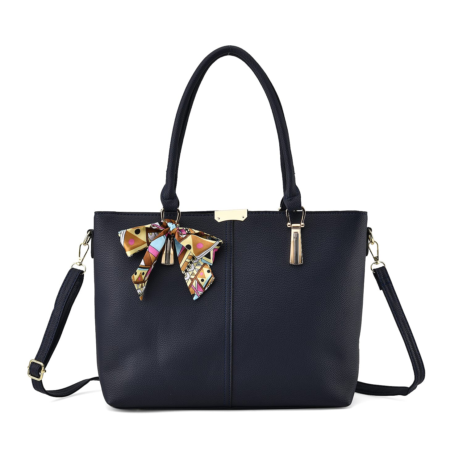 Leatherette Tote Bag with Scarf - Navy