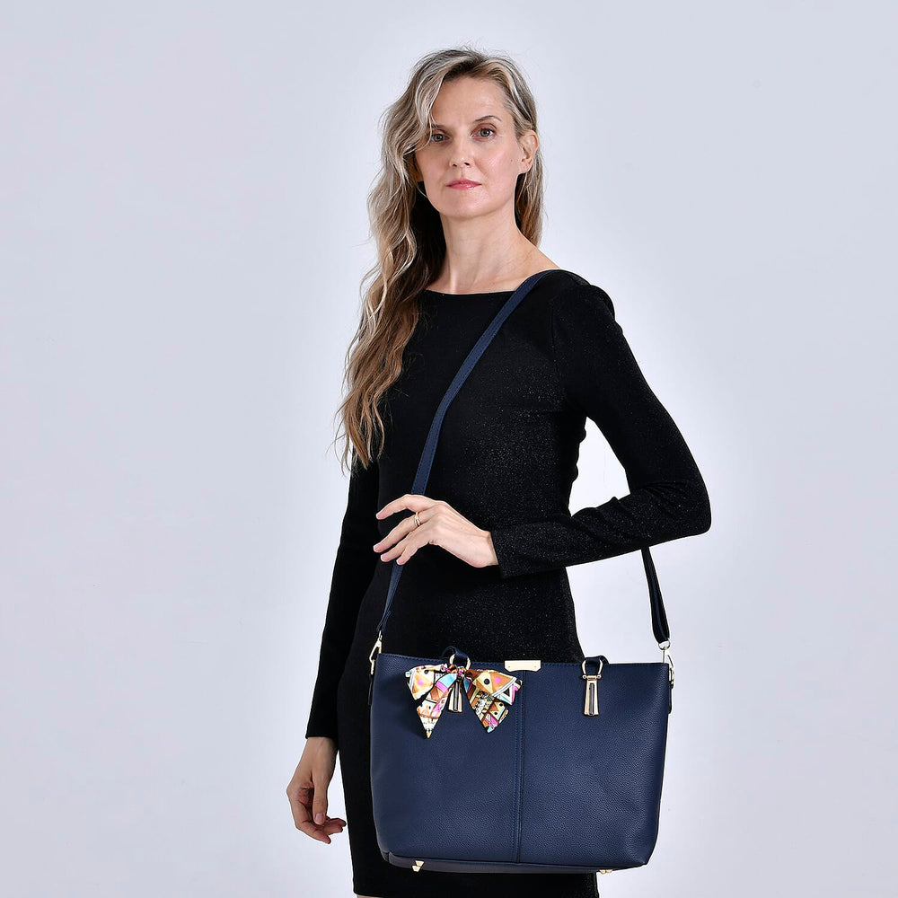 Leatherette Tote Bag with Scarf - Navy